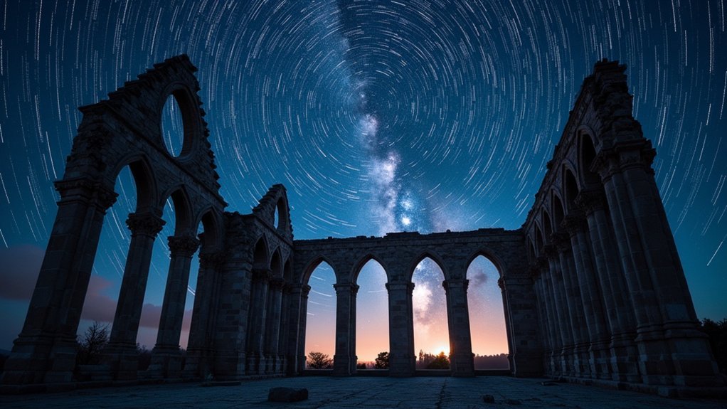 archways beneath star trails