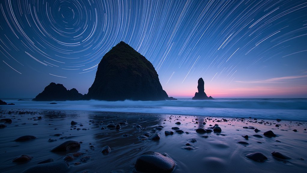 star trails over sea stacks